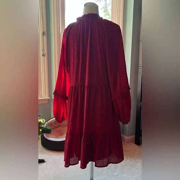 Mare Mare X Anthropologie Anne Lined Dark Red Tiered Ruffled Dress - M - EUC - Picture 2 of 8